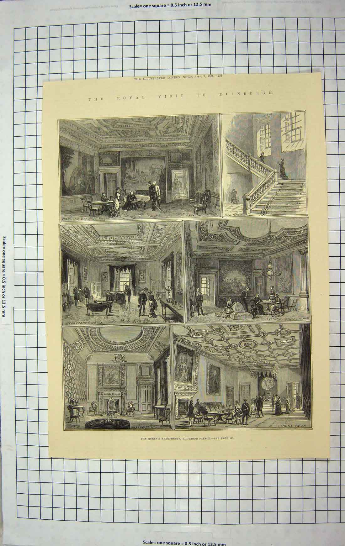 Old Antique Print 1881 Queen Apartments Holyrood Palace Edinburgh Throne 19th