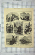 Old Antique Print 1881 Edinburgh Castle Roslin Chapel Hawthornden Berwick 19th