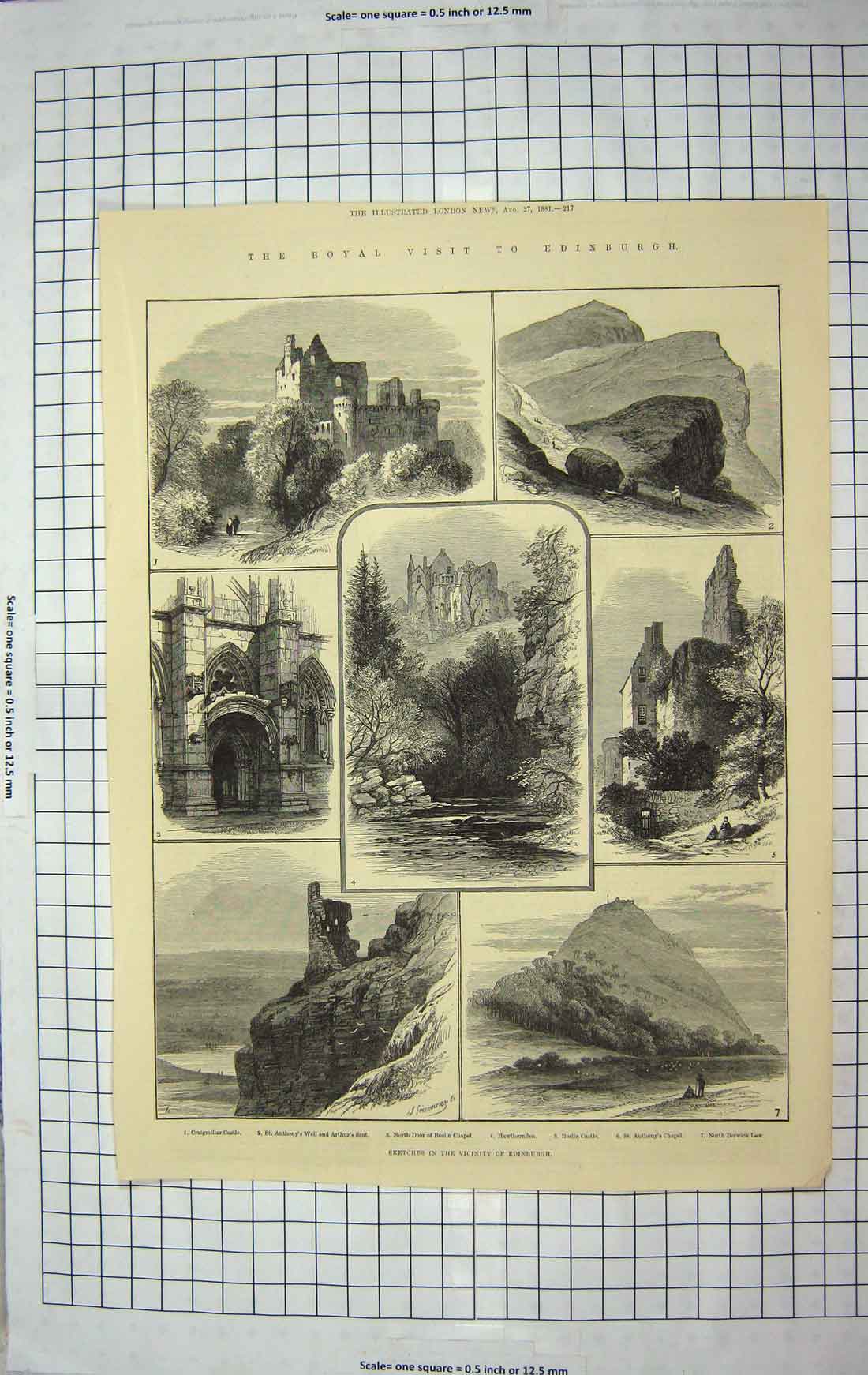 Old Antique Print 1881 Edinburgh Castle Roslin Chapel Hawthornden Berwick 19th