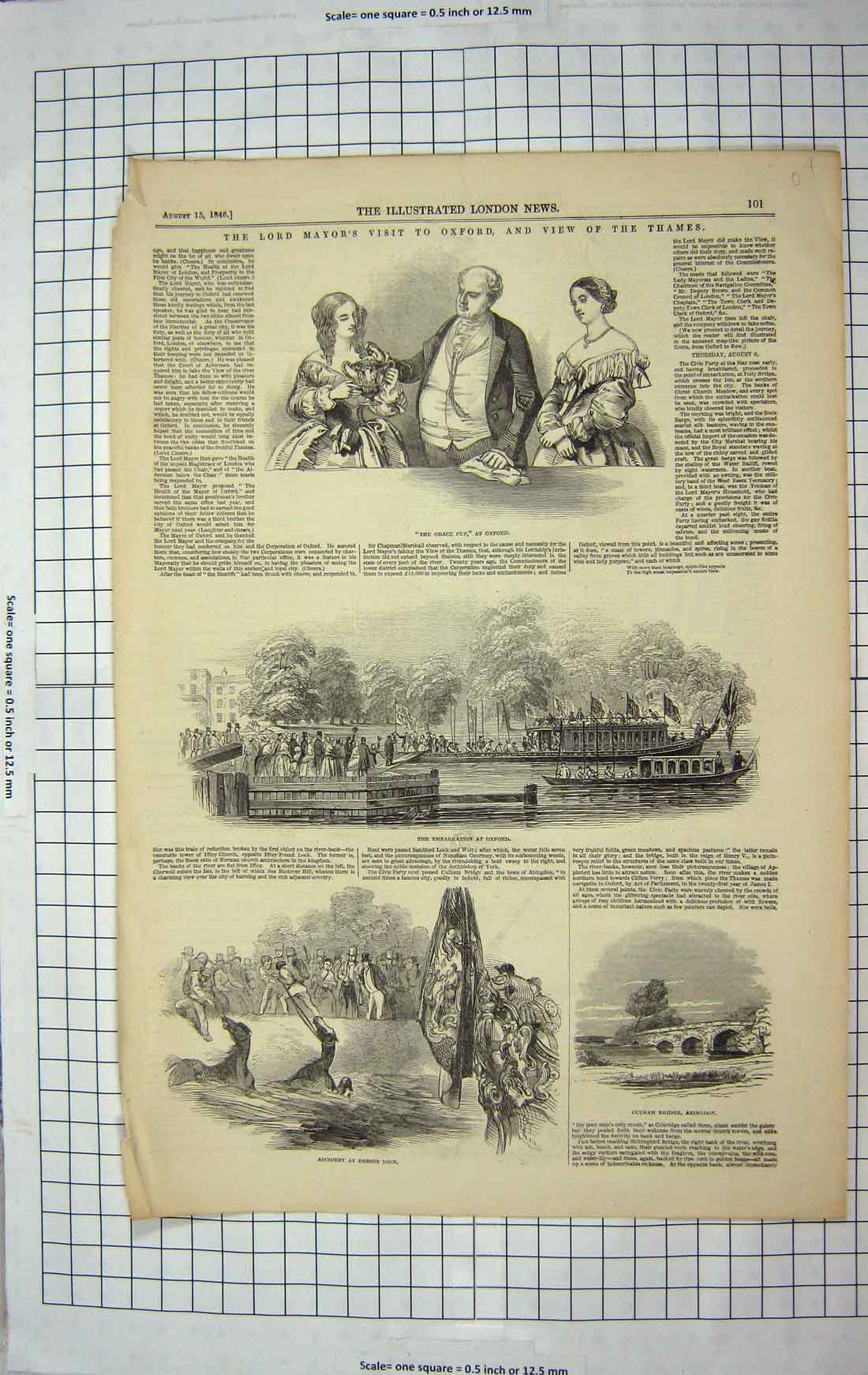 Original Old Antique Print 1846 Lord Mayor Oxford Culham Bridge Abingdon Benson