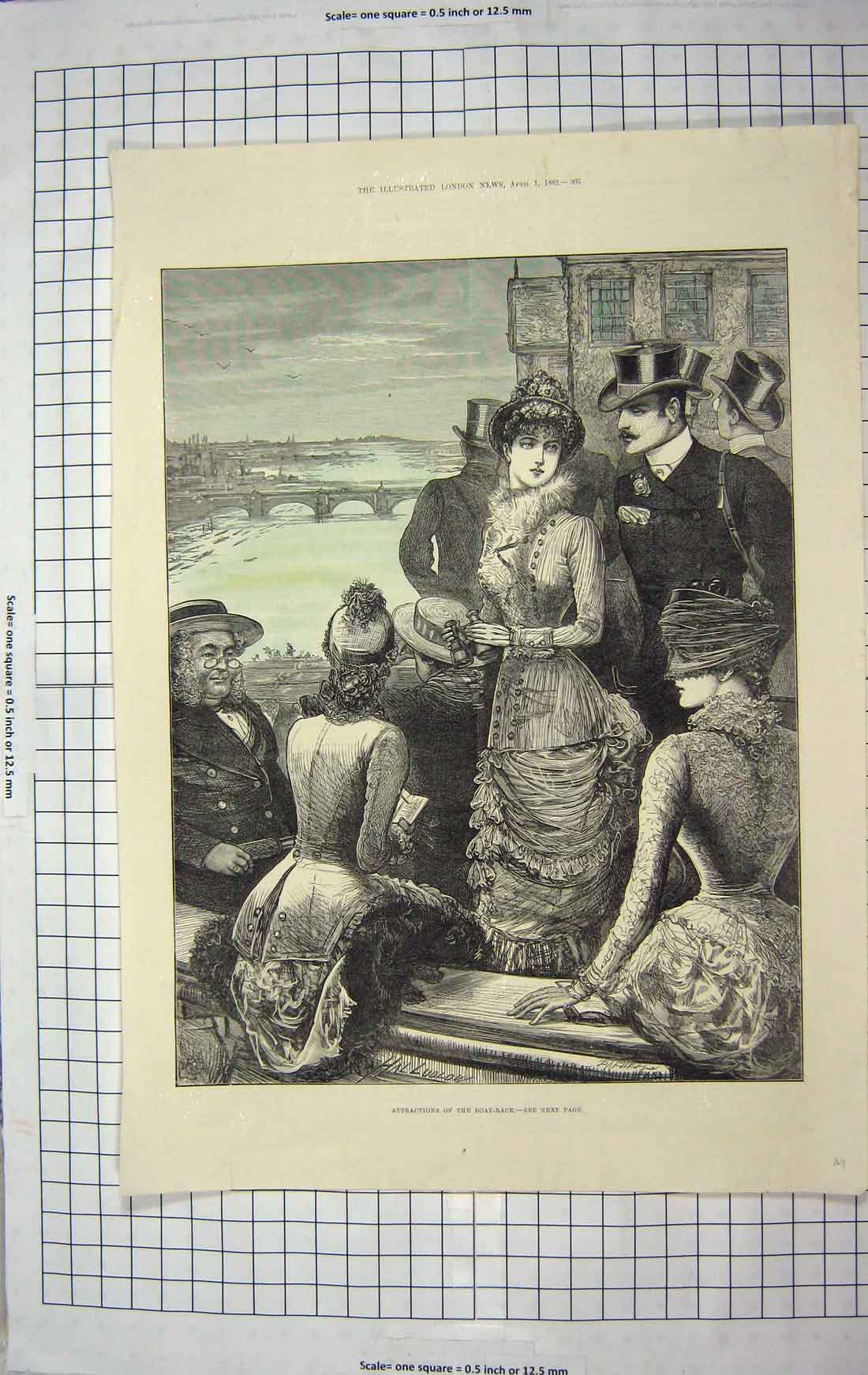 Original Old Antique Print 1882 Oxford Cambridge Boat Race Thames River Bridge