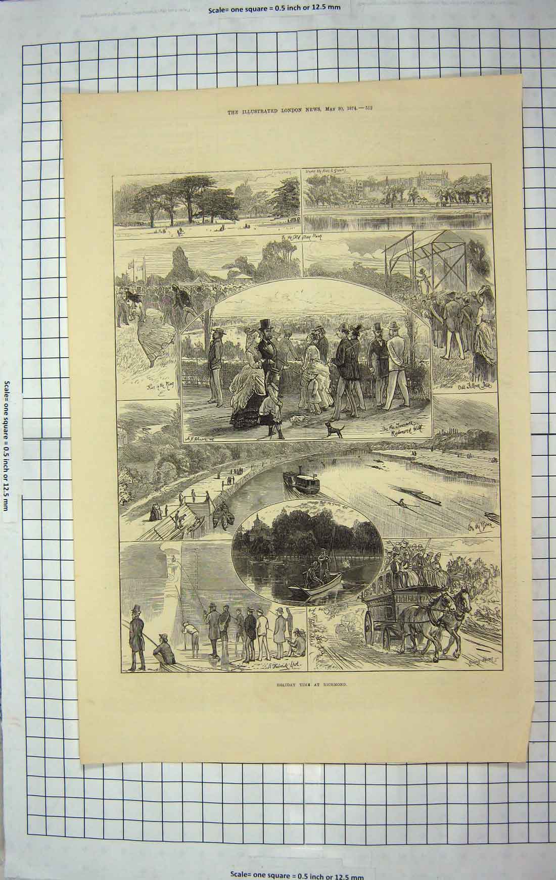 Old Antique Print 1874 Holiday Time Richmond Fishing Rivr Transport Coach 19th