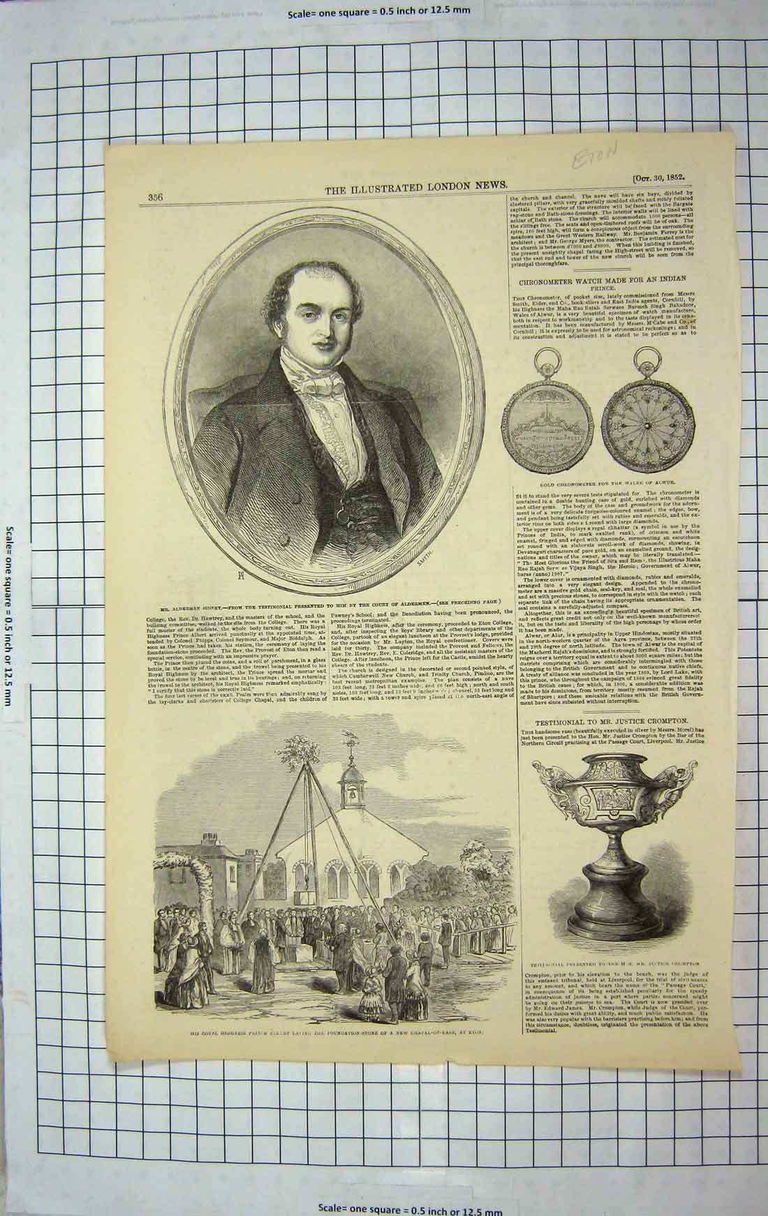 Original Old Antique Print 1852 Eton Alderman Sidney GChronometer Crompton 19th