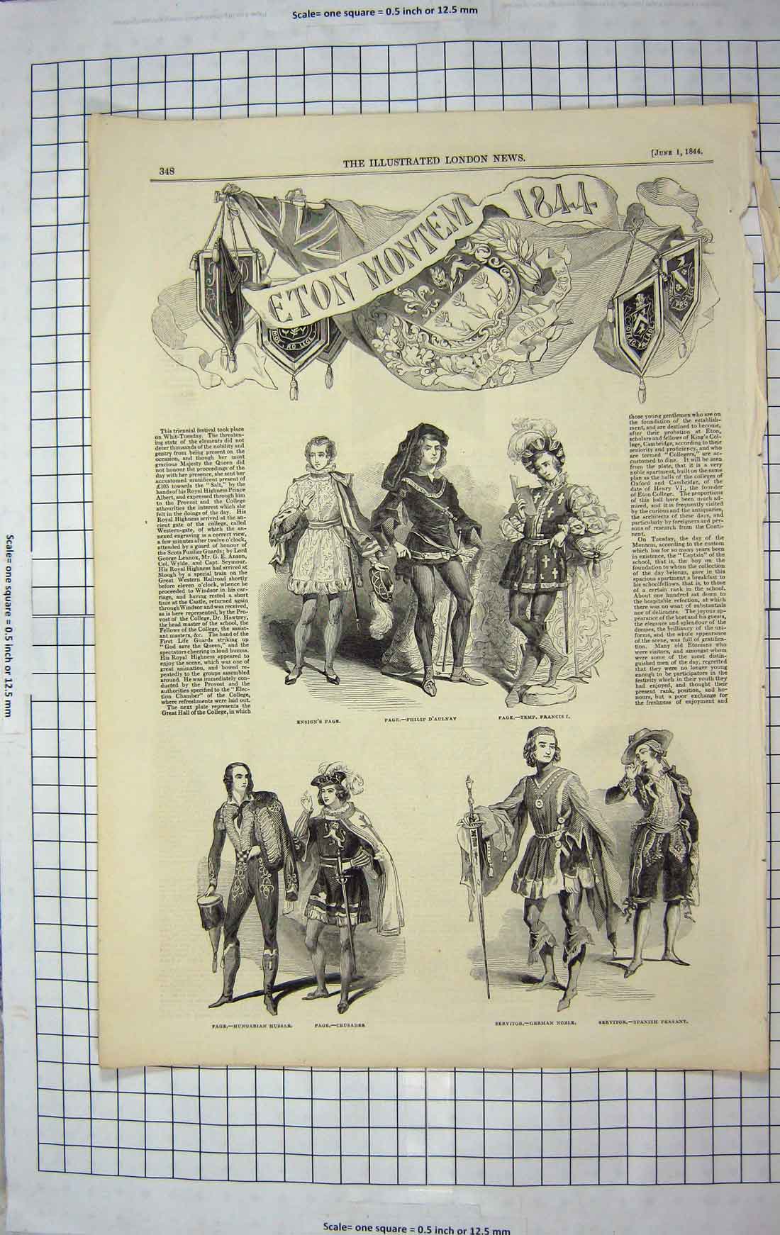 Original Old Antique Print 1844 Eton Montem Hungarian Hussar Noble Peasant 19th