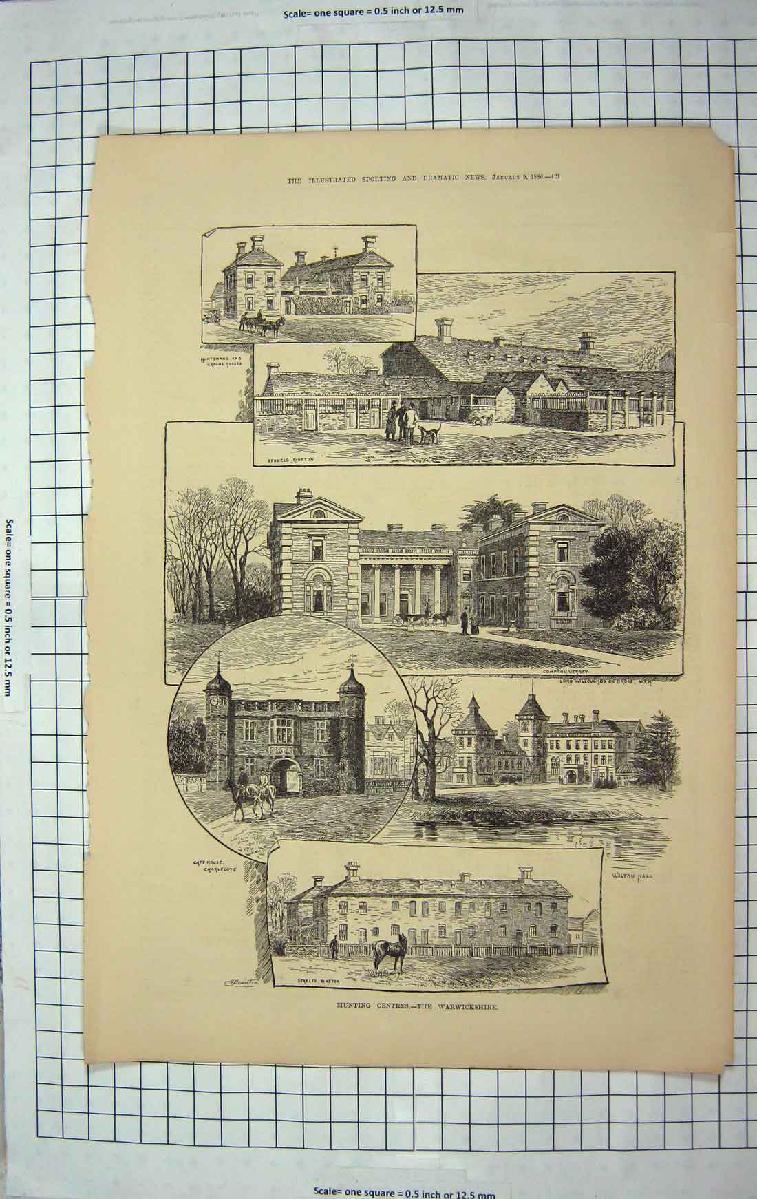 Old Antique Print 1886 Hunting Warwickshire Kennels Kineton Walton Stable 19th