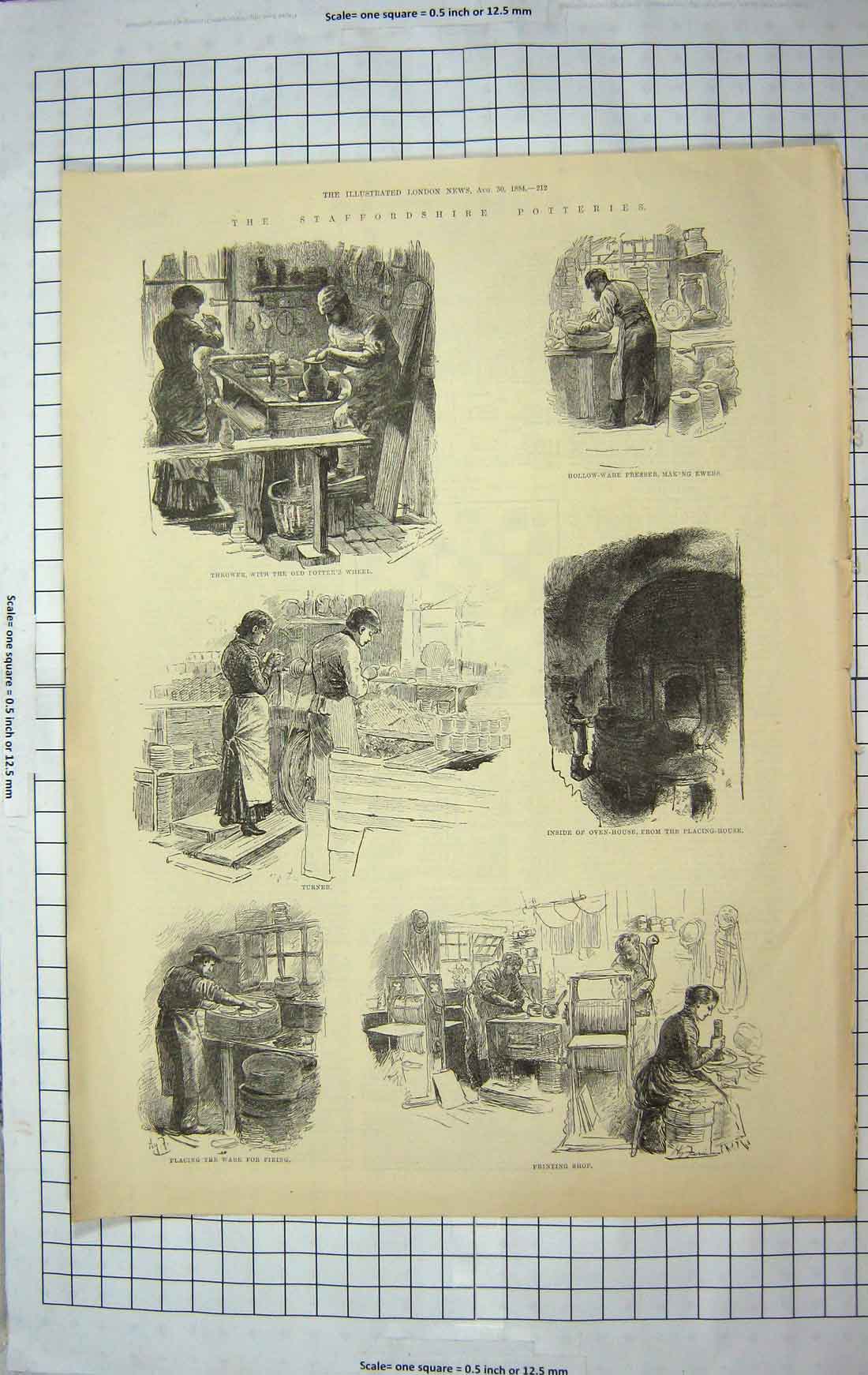 Original Old Antique Print 1884 Staffordshire Pottries Wheel Oven-House Ewers