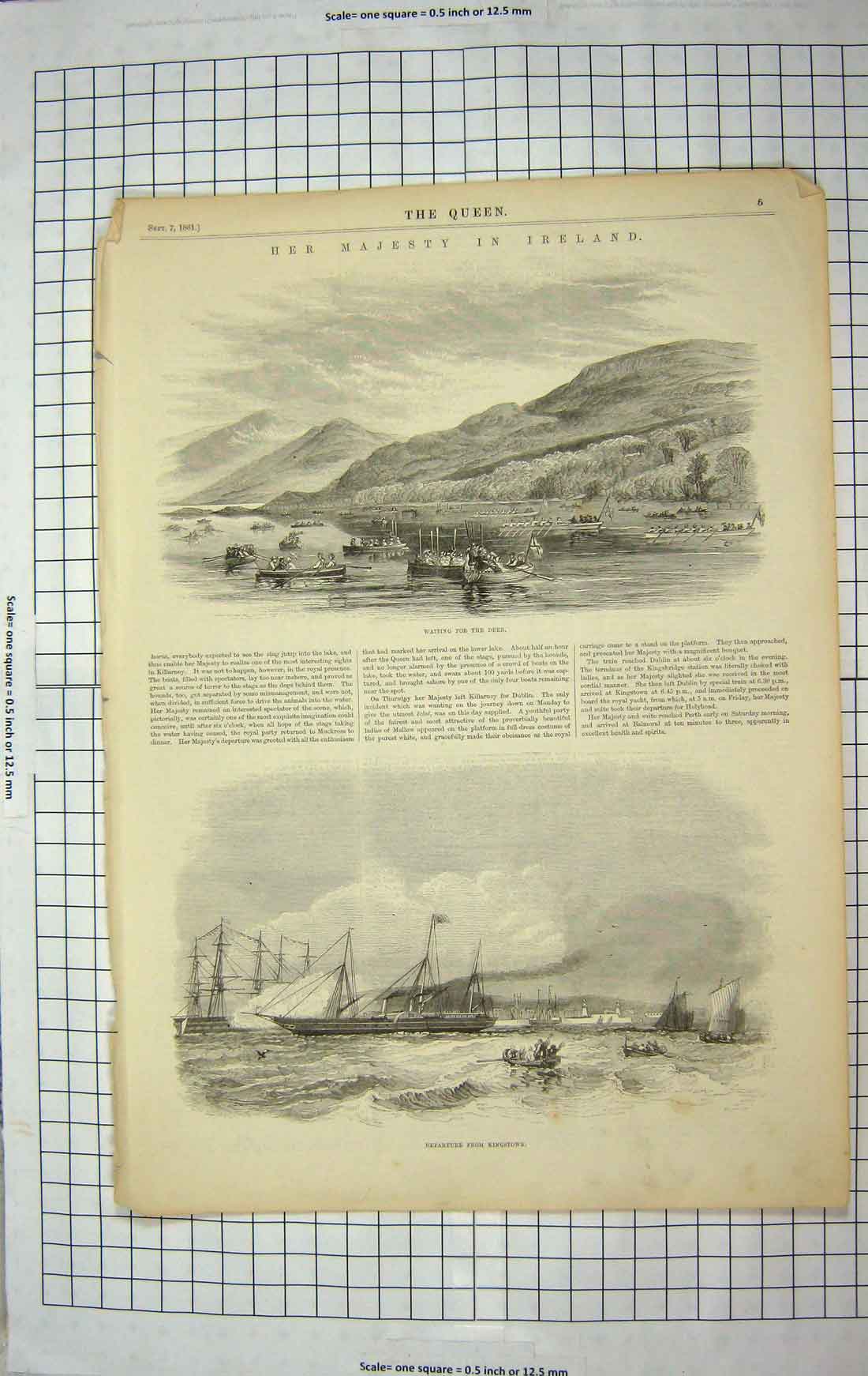 Original Old Antique Print 1861 Queen Ireland Boats Departure Kingstown Ships