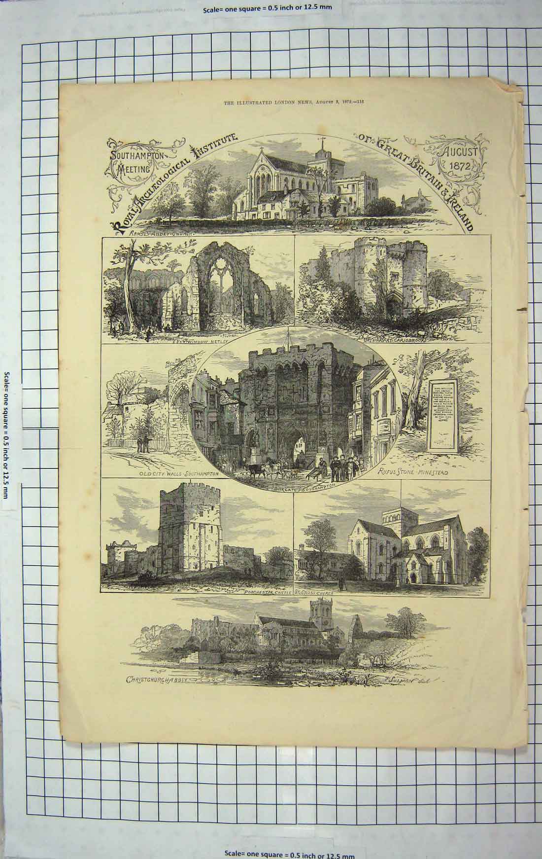 Original Old Antique Print 1872 Archaeology Christchurch Abbey Southampton 19th