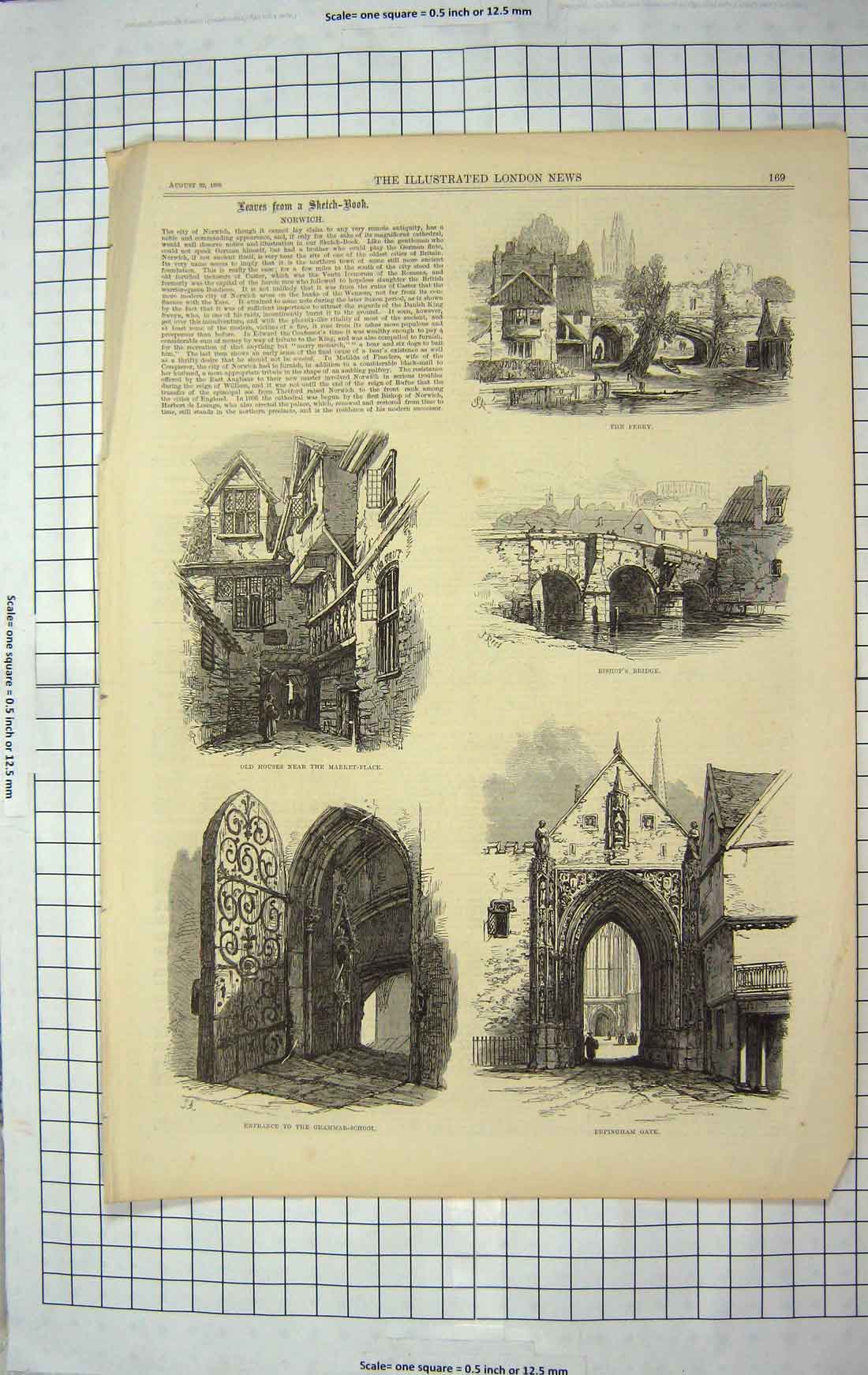 Old Antique Print 1868 Norwich Bishop'S Bridge Erpingham Gate Ferry House 19th