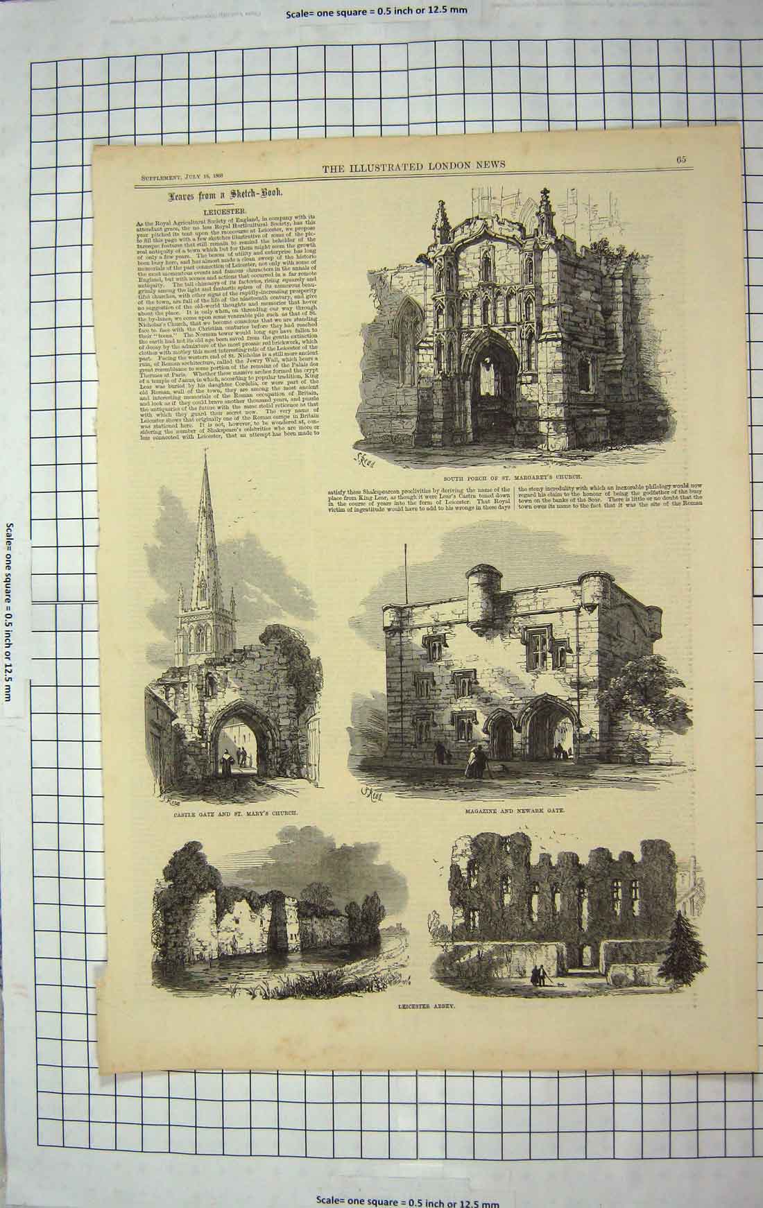 Original Old Antique Print 1868 Leicester Margaret'S Church Newark Gate Castle