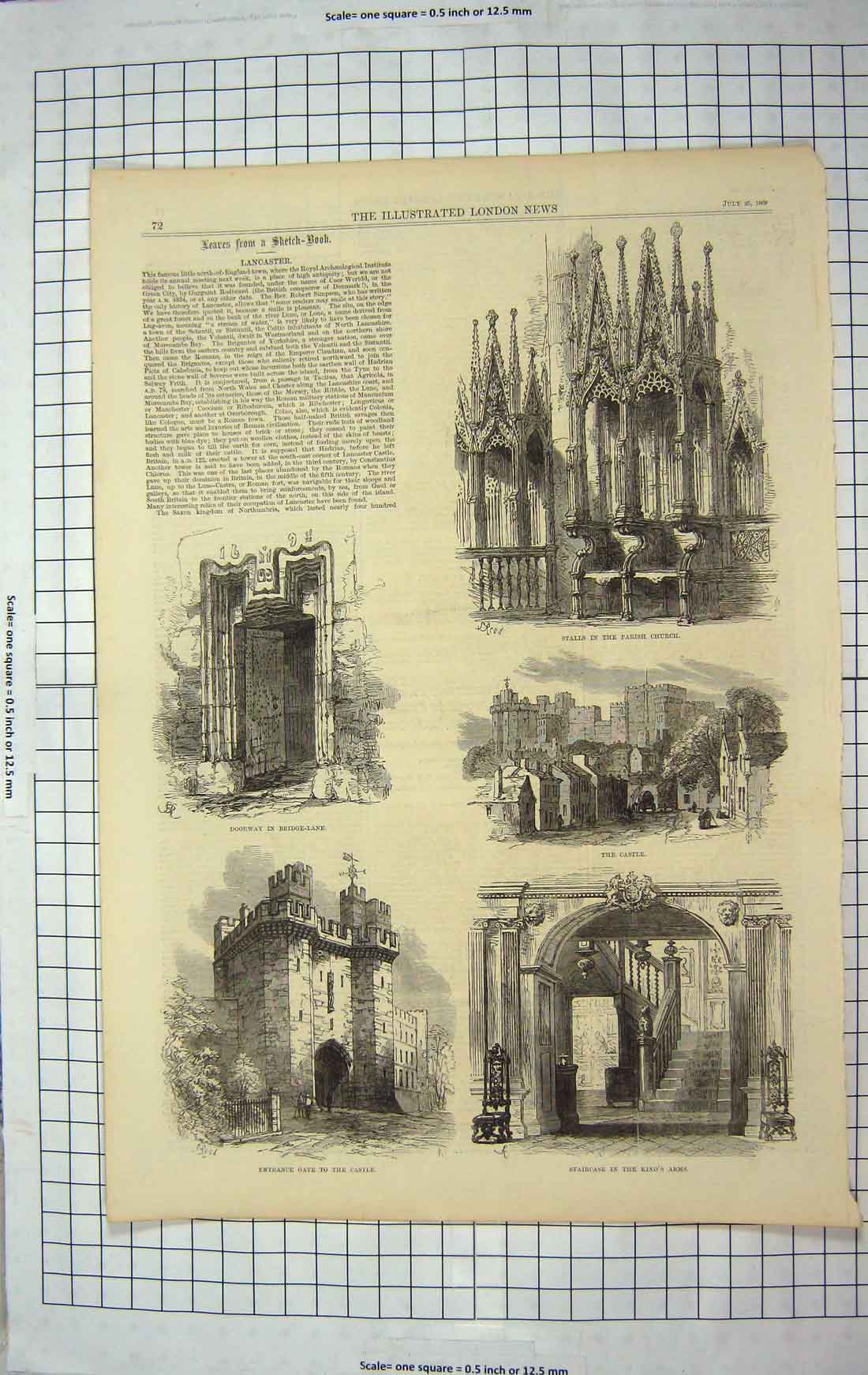 Old Antique Print 1868 Lancaster Parish Church Castle King'S Arms Stairs 19th