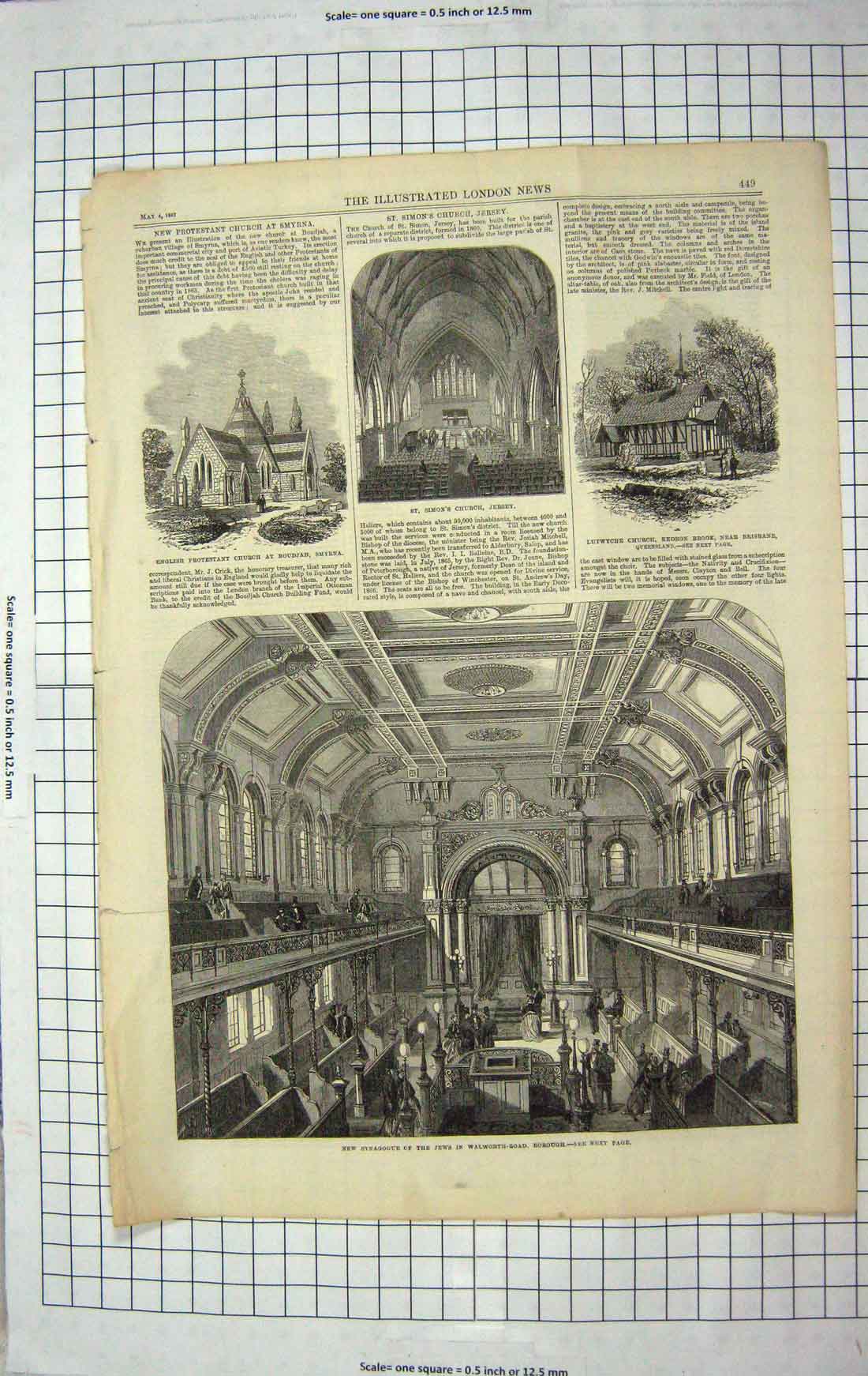 Original Old Antique Print 1867 Synagogue Jews Walworth Borough Simons Church