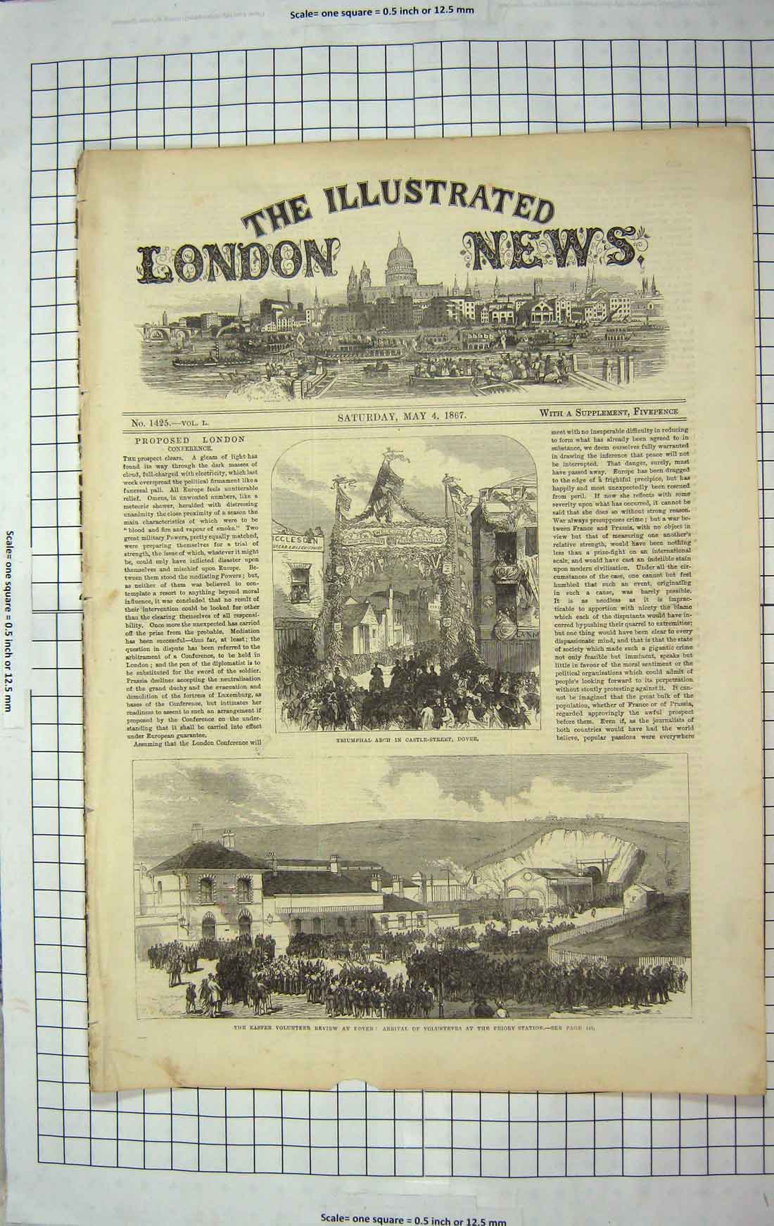 Old Antique Print 1867 Triumphal Arch Castle Street Dover Priory Station 19th