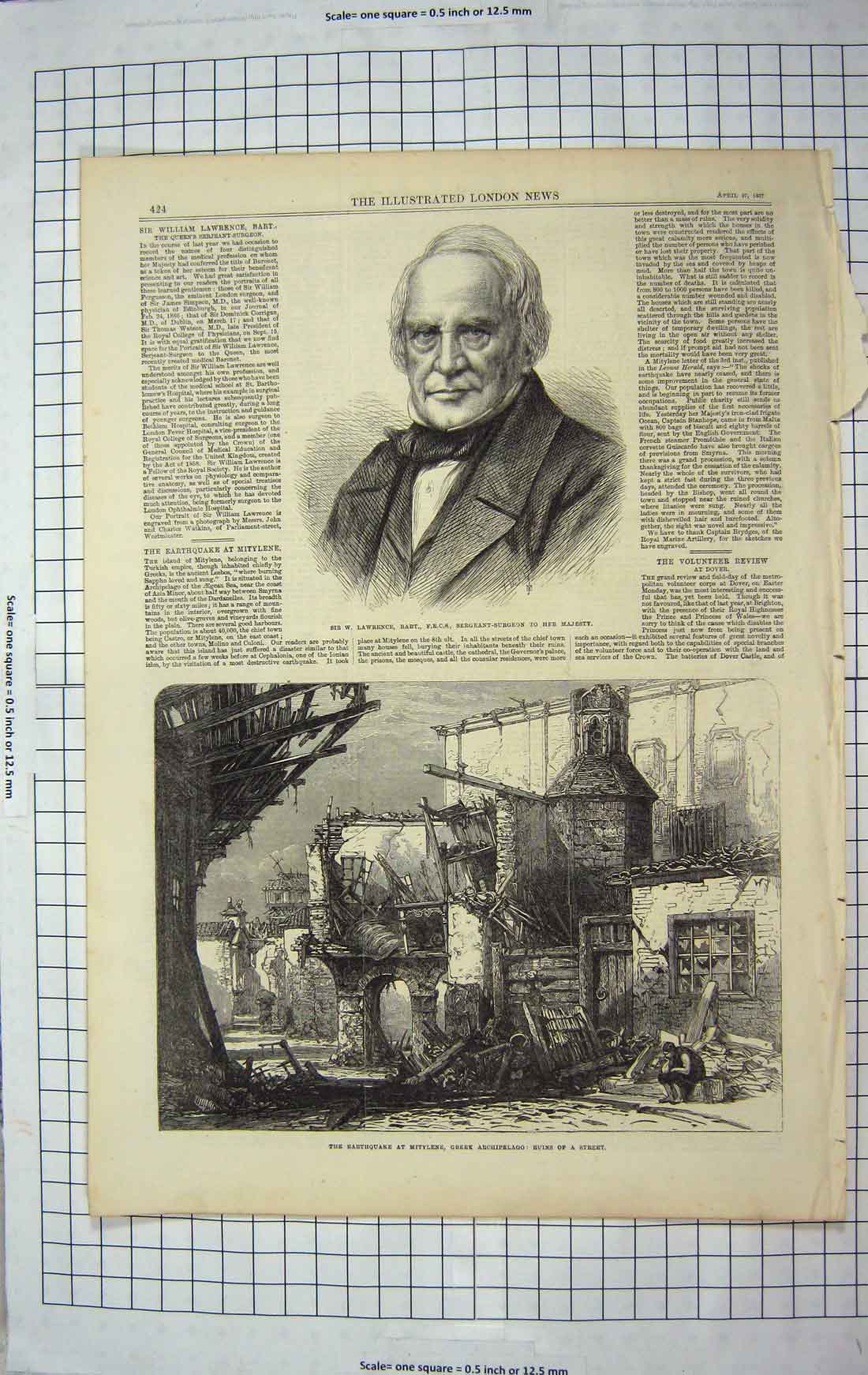 Original Old Antique Print 1867 Lawrence Sergeant-Surgeon Earthquake Mitylene