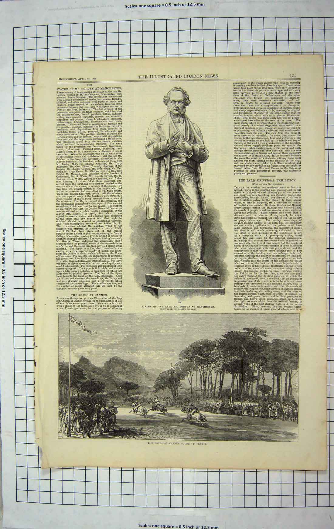 Antique Print *3710 1867 Statue Cobden Manchester Horse Races Cannes France