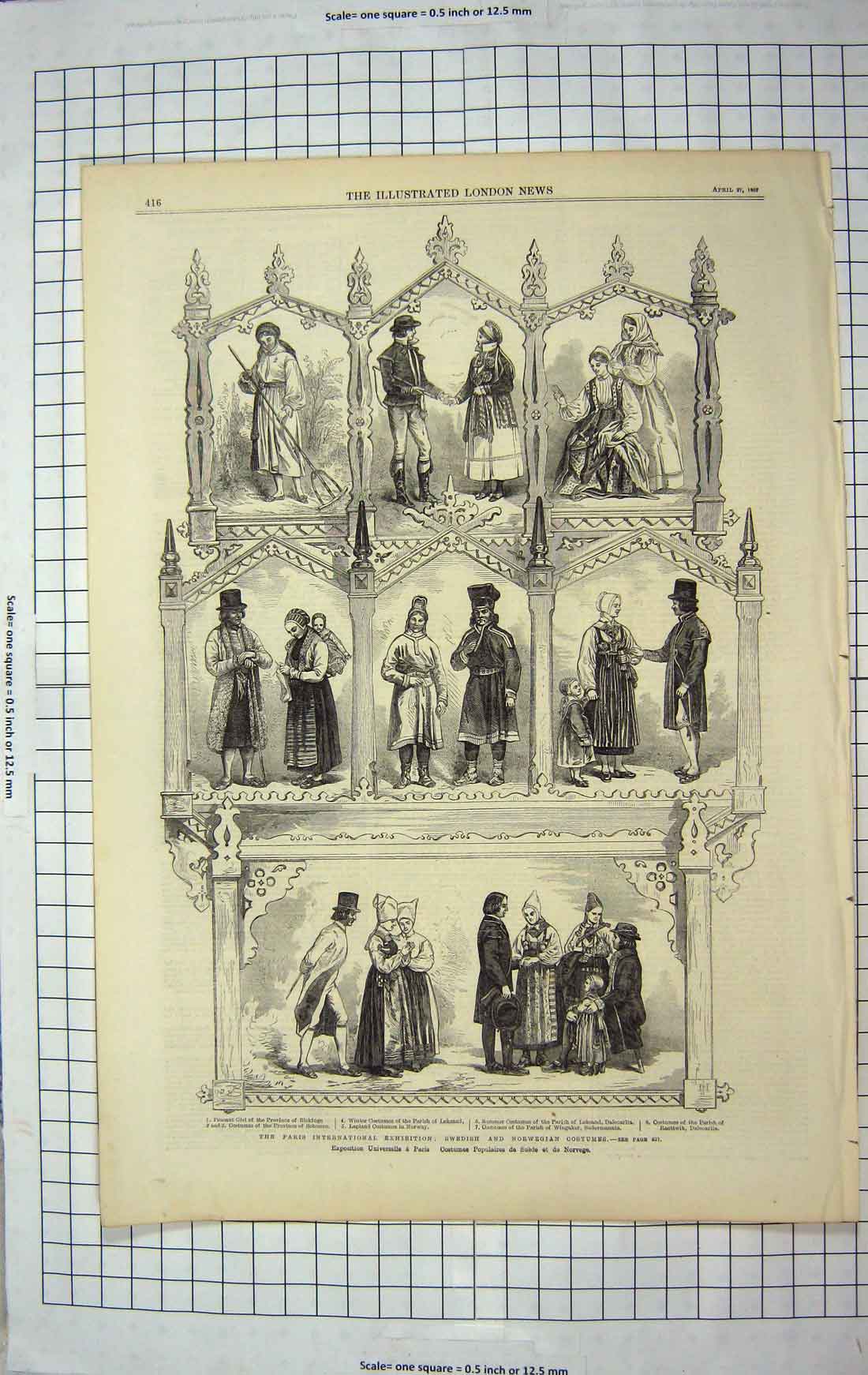 Original Old Antique Print 1867 Swedish Norwegian Costumes Paris Exhibition
