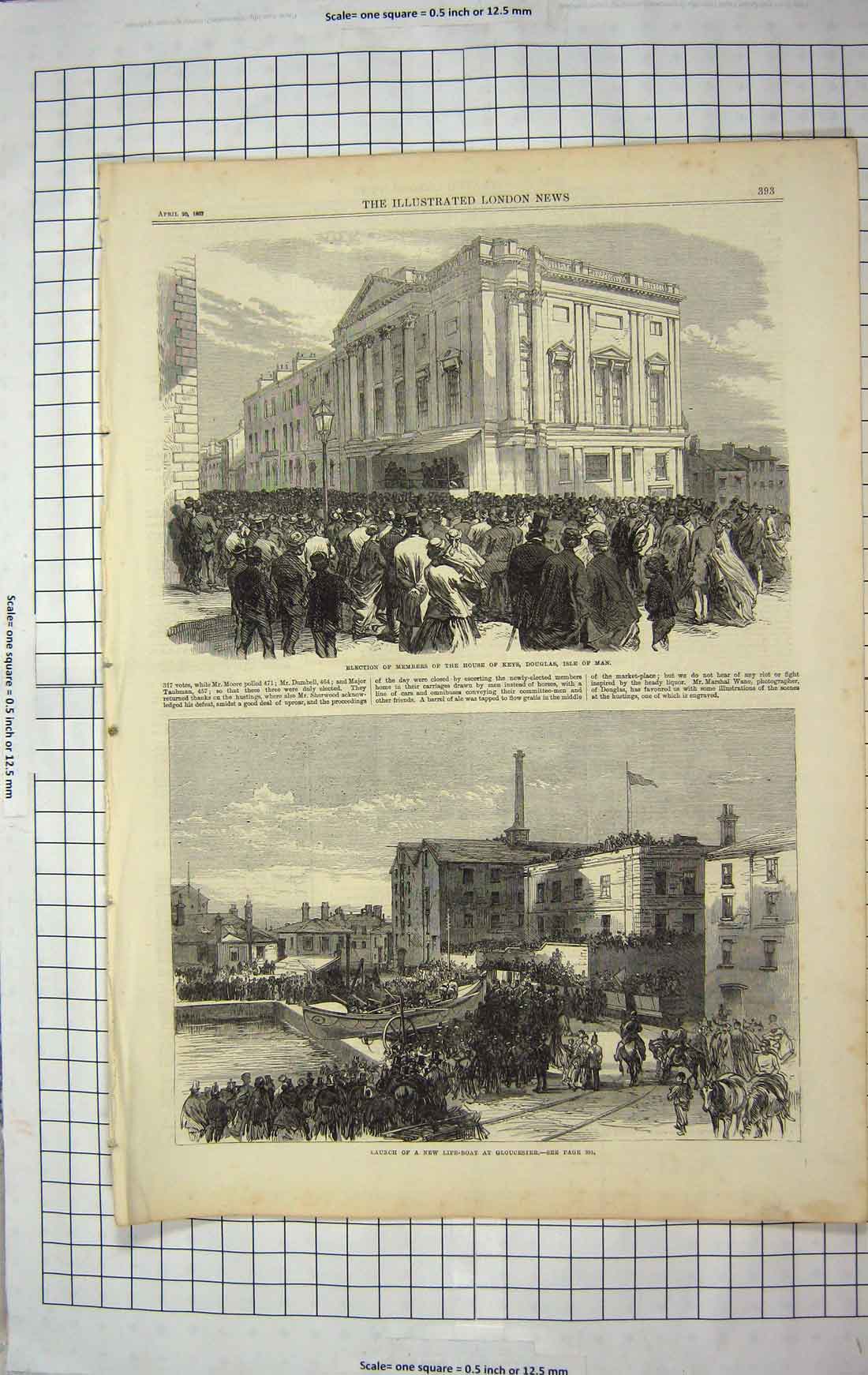 Old Antique Print 1867 Launch Life-Boat Gloucester House Douglas Isle Man 19th