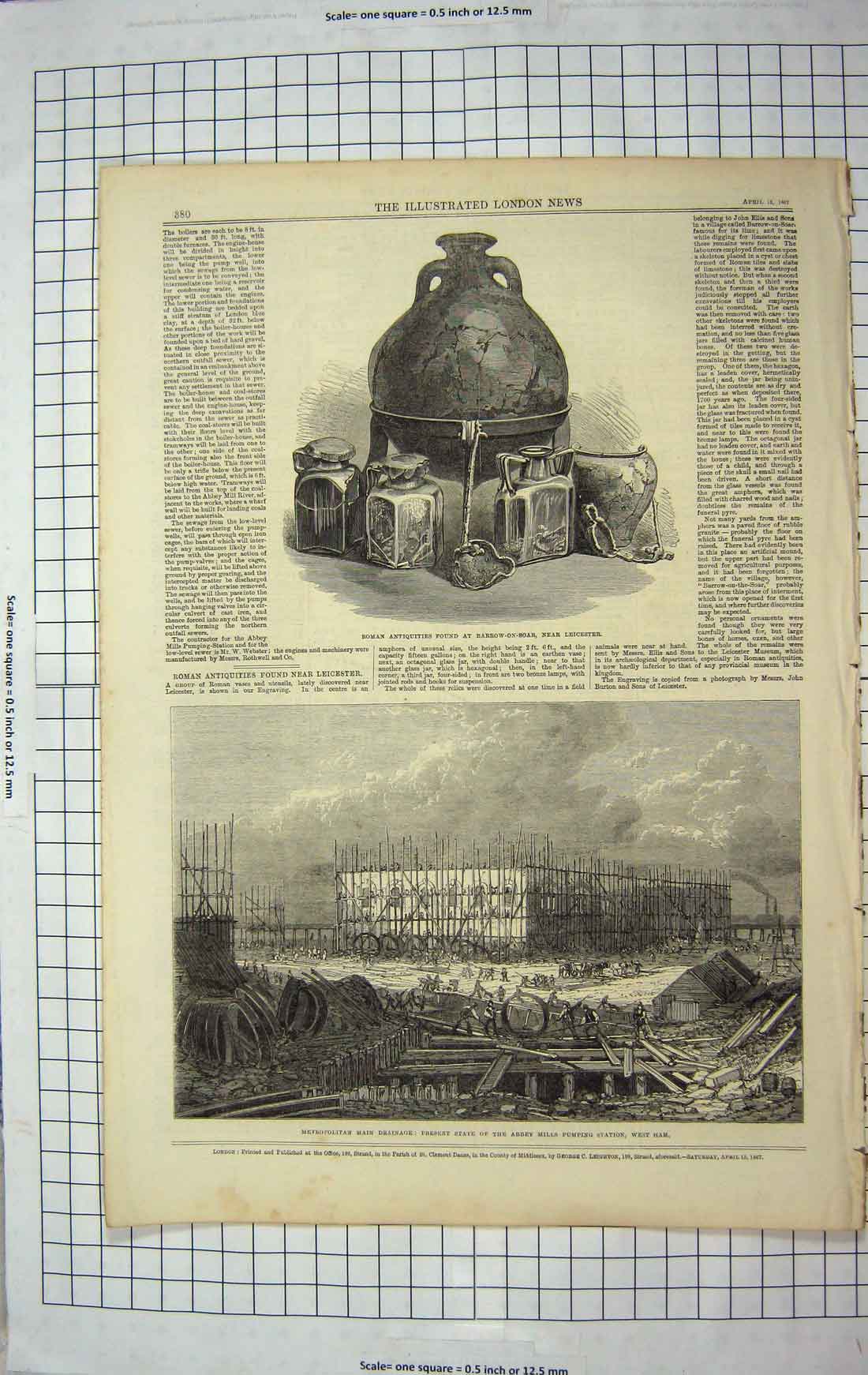 Old Antique Print 1867 Roman Antiquities Barrow-On-Soar Abbey Mills Ham 19th