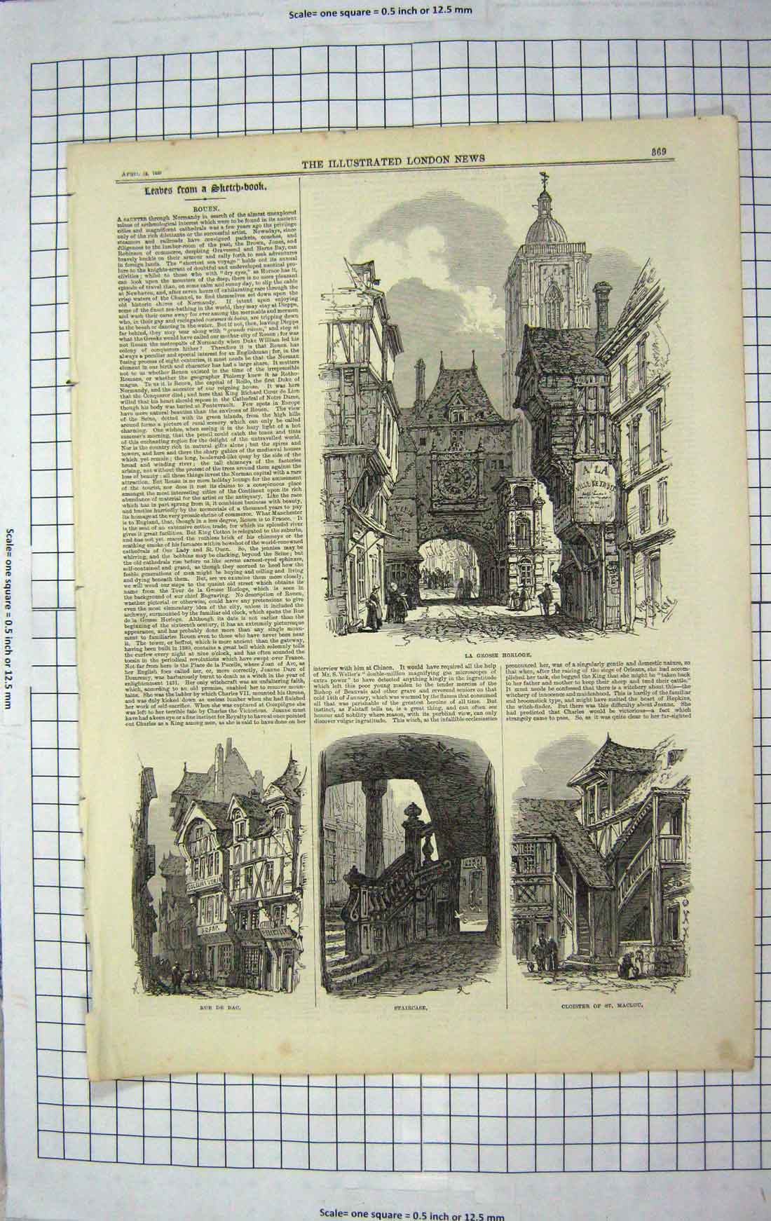 Old Antique Print 1867 Rouen Grosse Horloge Maclou Rue De Bac Staircase 19th