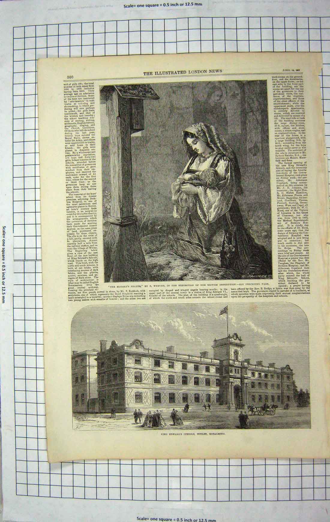 Old Antique Print 1867 King Edward'S School Witley Godalming Mother Baby 19th