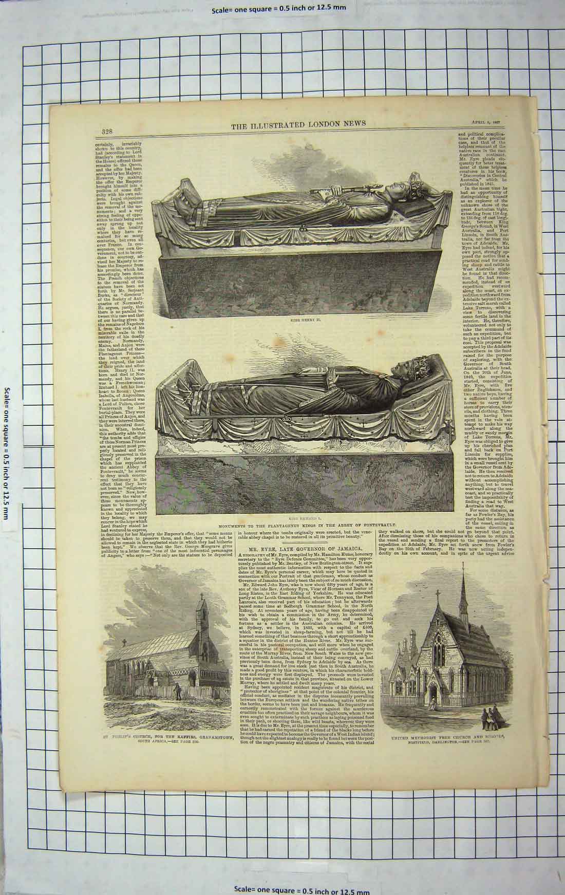 Old Antique Print 1867 Philip'S Church Grahamstown Abbey Fontervault Tomb 19th