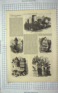 Antique Old Print *3711 1867 Caen Chateau Falaise Normandy Notre Dame Gilles