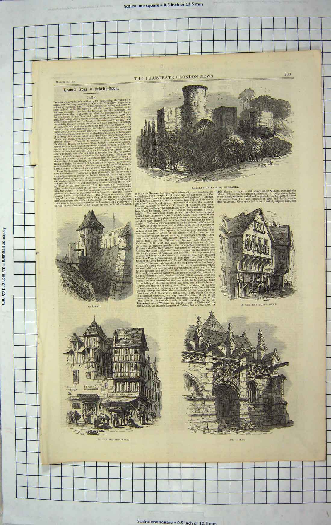 Antique Old Print *3711 1867 Caen Chateau Falaise Normandy Notre Dame Gilles