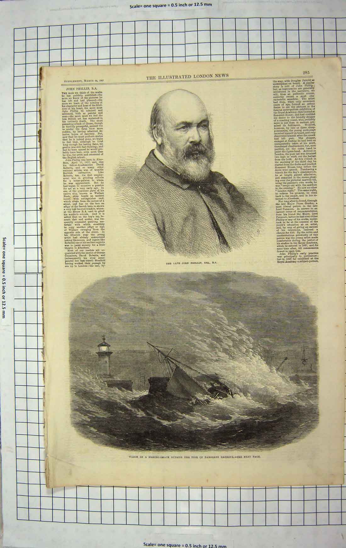 Old Antique Print 1867 John Phillip Wreck Fishing Smack Ramsgate Harbour 19th