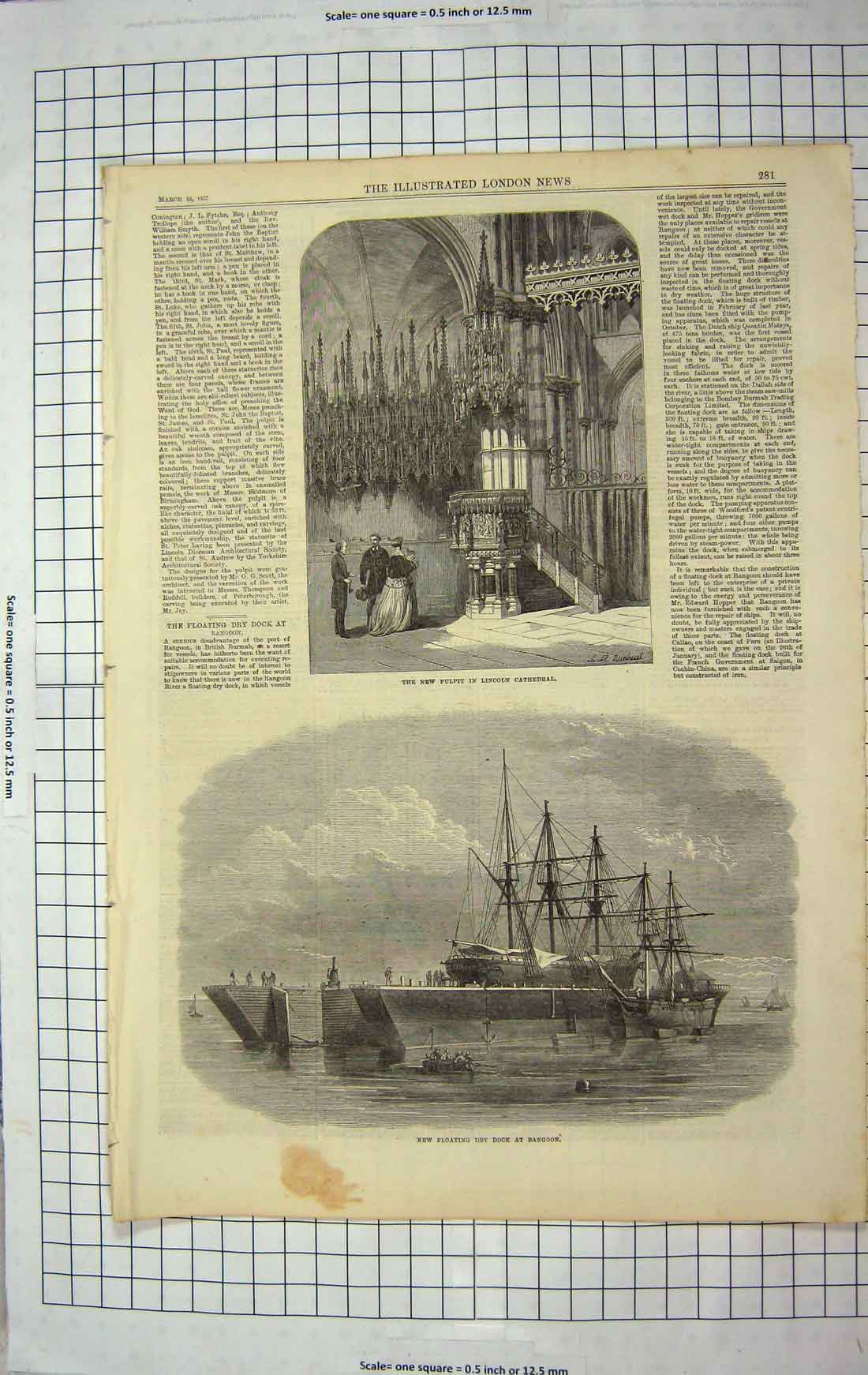 Antique Old Print *3712 1867 Pulpit Lincoln Cathedral Floating Dock Rangoon