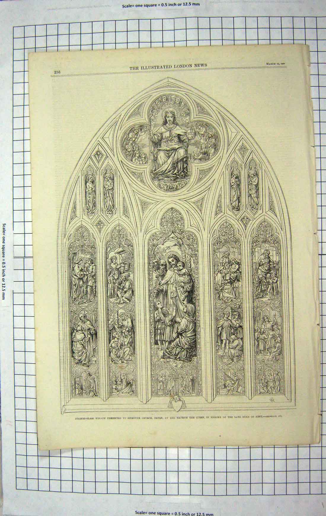 Old Antique Print 1867 Stained Glass Window Sidmouth Church Devon Queen 19th