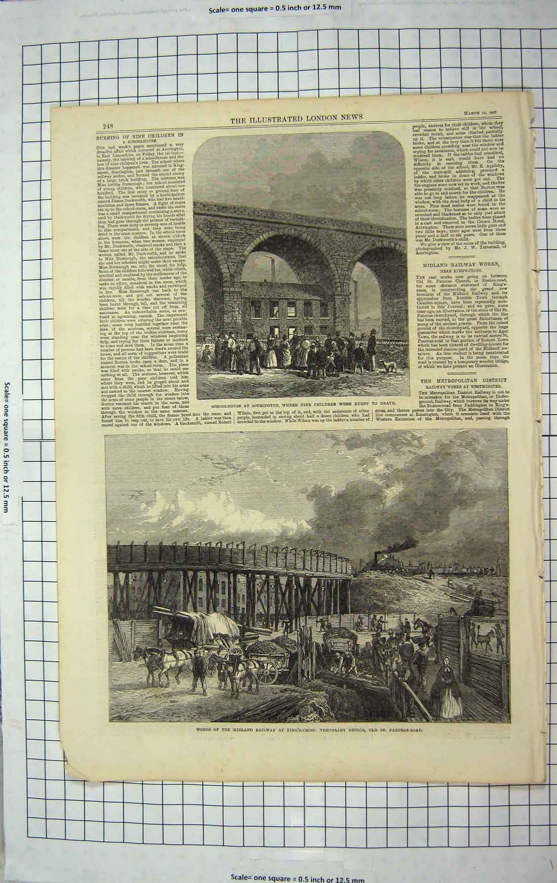 Original Old Antique Print 1867 Schoolhouse Accrington Midland Railway Pancras