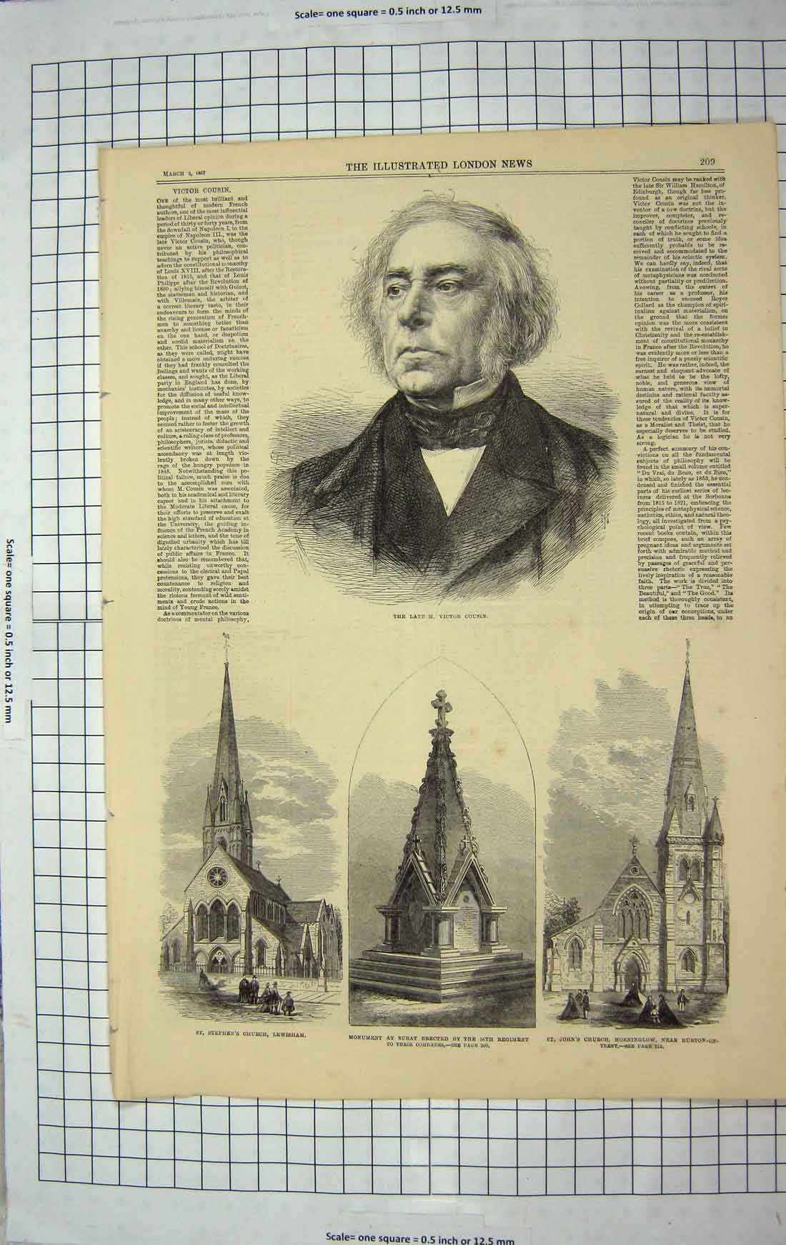 Original Old Antique Print 1867 Victor Cousin Church Lewisham Surat Monument