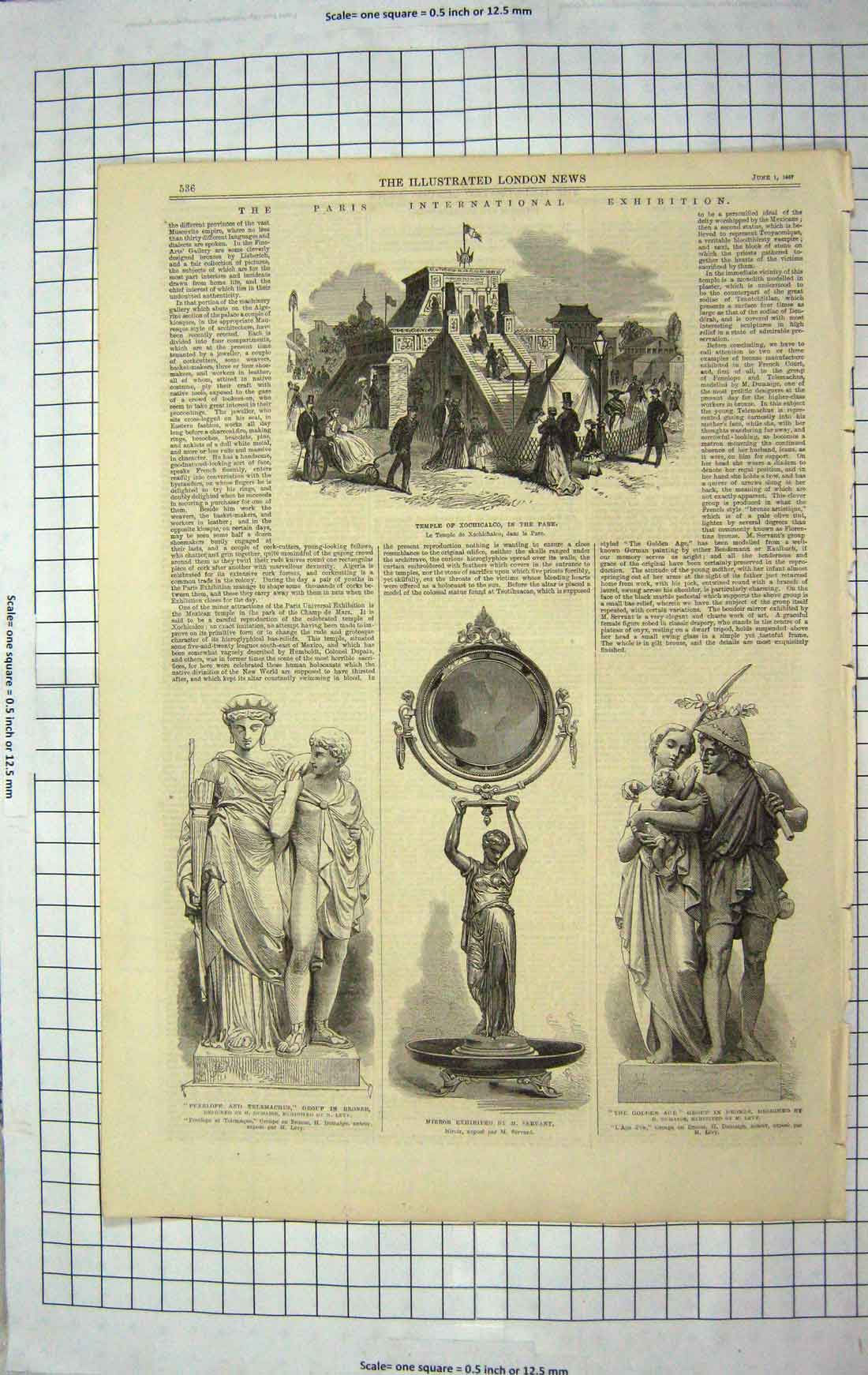Old Antique Print 1867 Paris Exhibition Temple Xochicalco Statu Penelope 19th