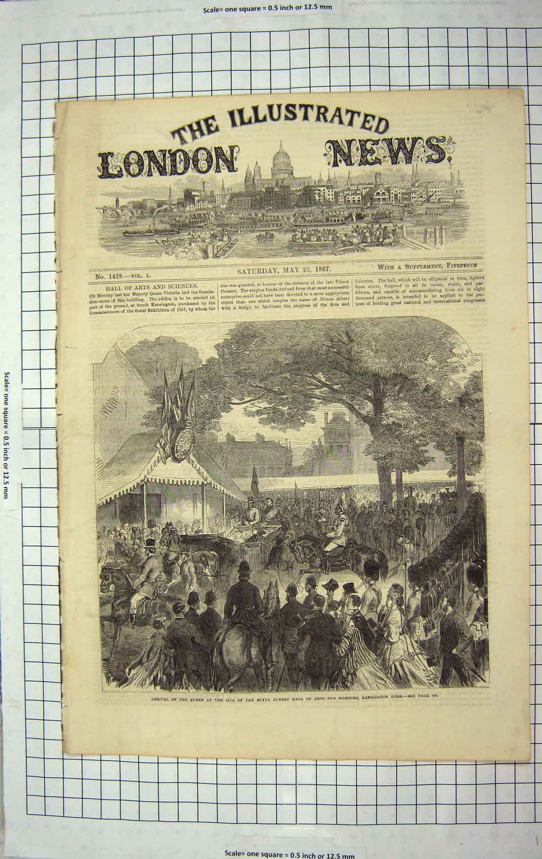 Original Old Antique Print 1867 Queen Royal Albert Hall Art Science Kensington
