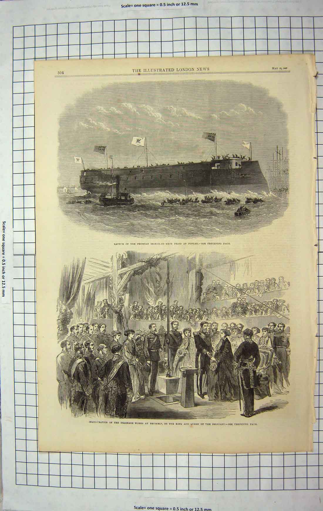 Old Antique Print 1867 Iron-Clad Kron Prinz Poplar Ship Drainage Brussels 19th