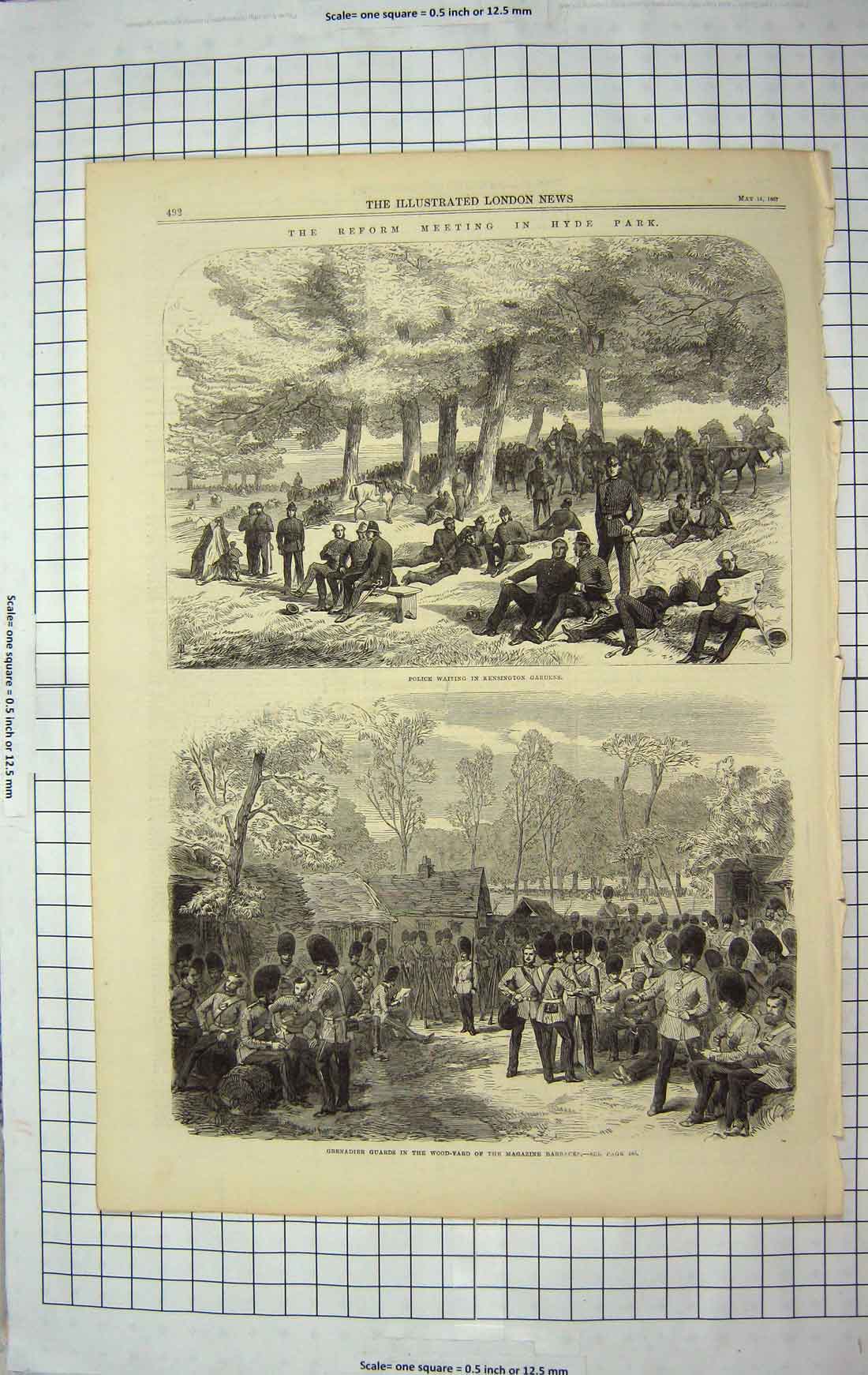 Old Antique Print 1867 Reform Hyde Park Police Grenadier Guards Barracks 19th