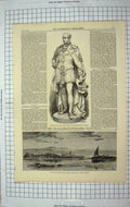 Old Antique Print 1867 Statue Prince Consort Framlingham Lighthouse Table 19th