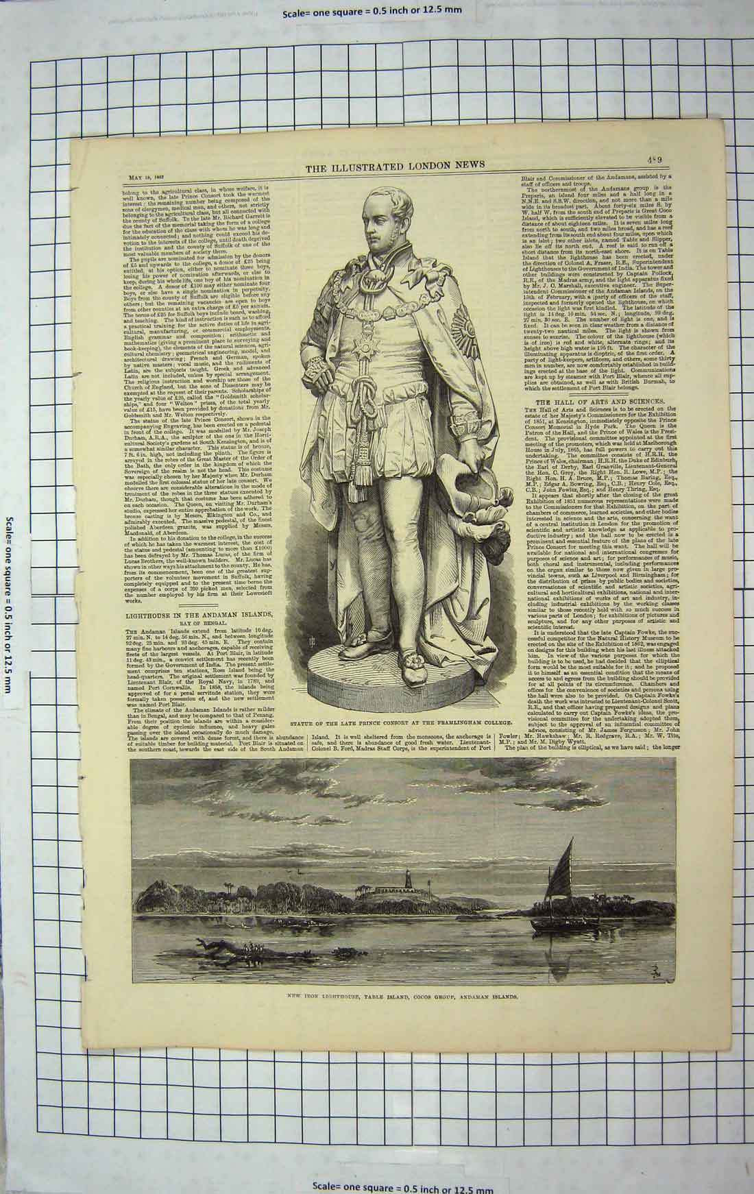 Old Antique Print 1867 Statue Prince Consort Framlingham Lighthouse Table 19th
