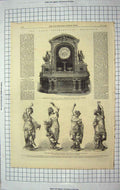 Original Old Antique Print 1867 Sideboard Carved Oak Ebony Bronze Statuettes