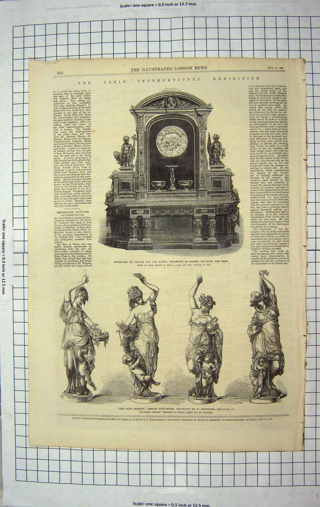 Original Old Antique Print 1867 Sideboard Carved Oak Ebony Bronze Statuettes