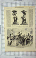 Old Antique Print 1867 Costume Figures Paris Xhibition Bronze Candelabra 19th