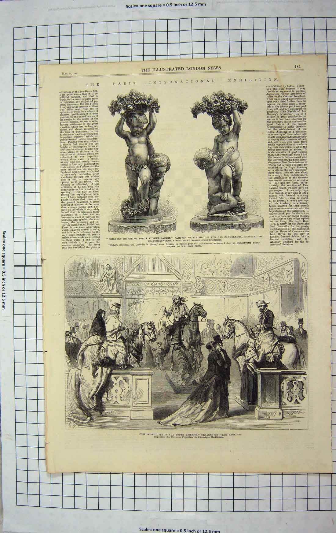 Old Antique Print 1867 Costume Figures Paris Xhibition Bronze Candelabra 19th