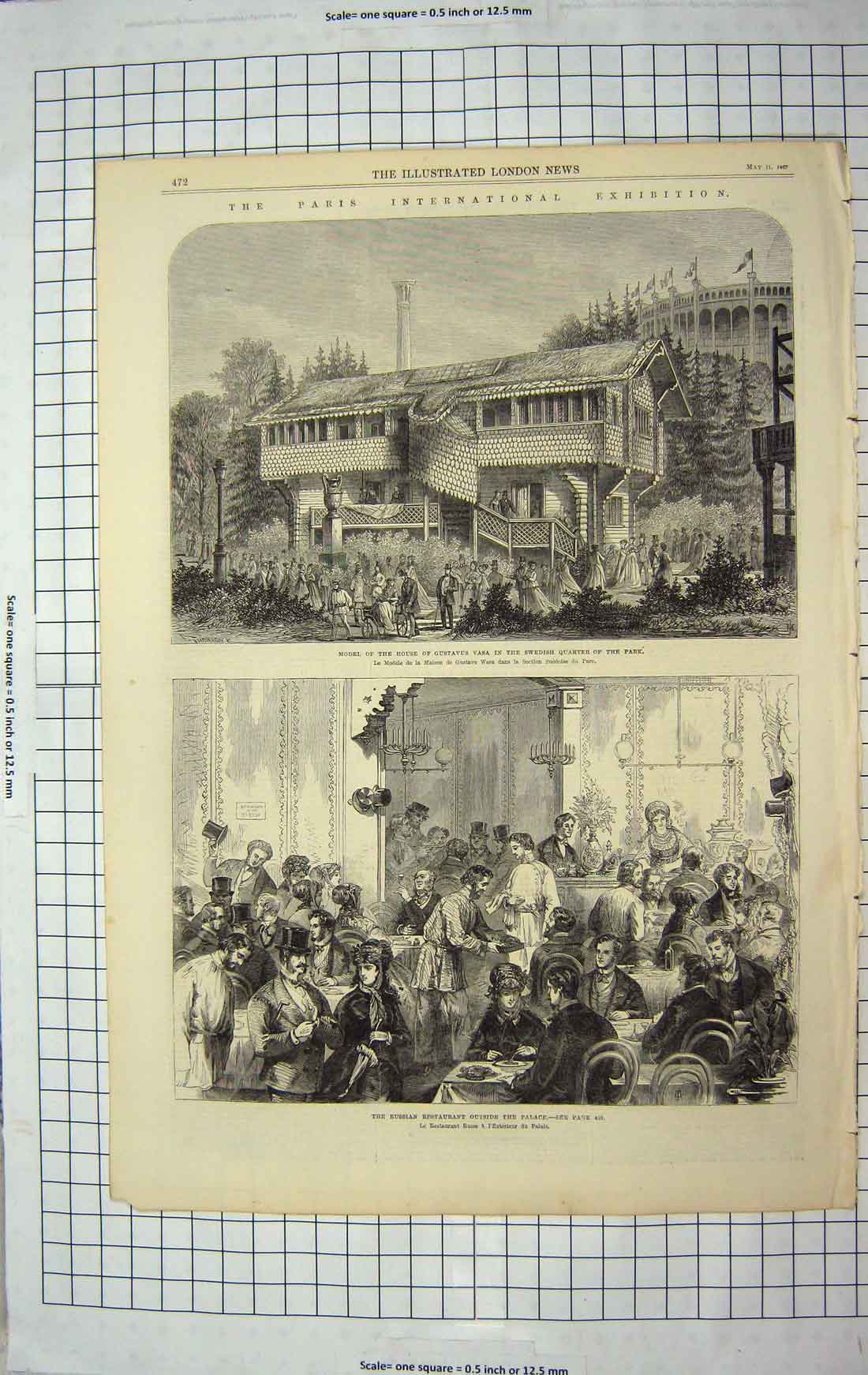 Original Old Antique Print 1867 Model House Gustavus Vasa Russian Restaurant