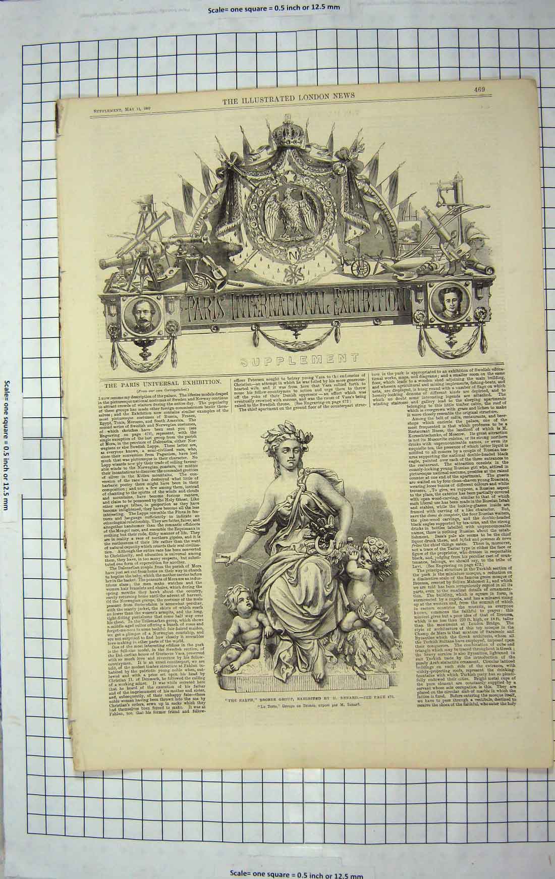 Original Old Antique Print 1867 Earth Bronze Group Statue Paris Exhibition 19th