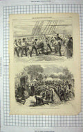 Original Old Antique Print 1867 Gun Drill Marine Warspite Woolwich Ship Asylum