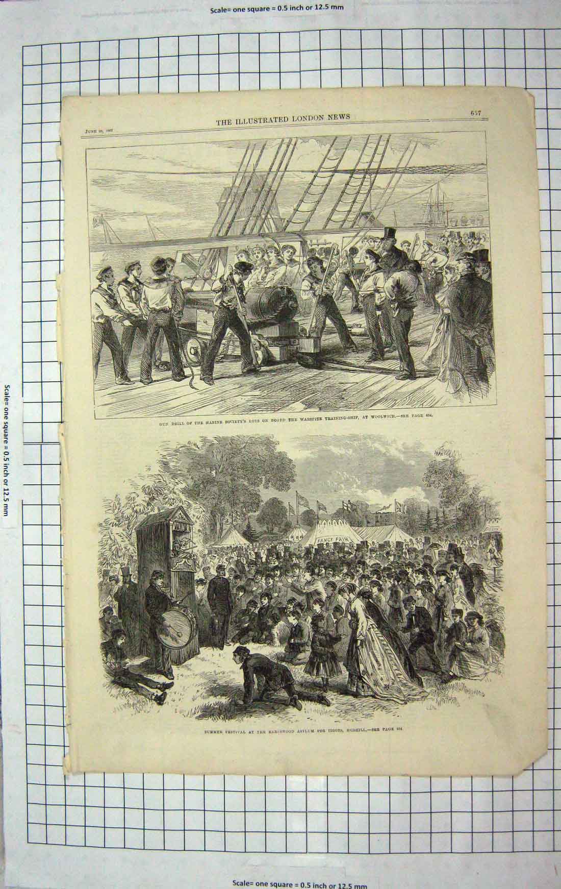 Original Old Antique Print 1867 Gun Drill Marine Warspite Woolwich Ship Asylum