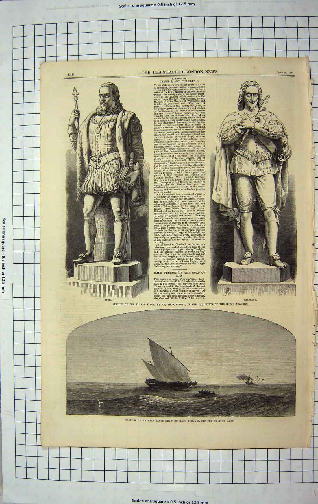 Old Antique Print 1867 Statue Stuart Kings Arab Slave Dhow Ship Penguin 19th