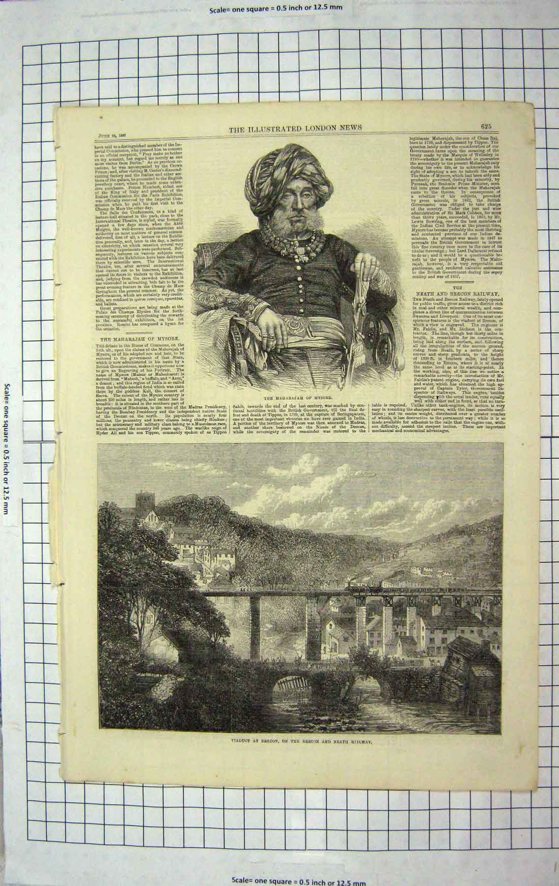 Original Old Antique Print 1867 Maharajah Mysore Viaduct Brecon Neath Railway