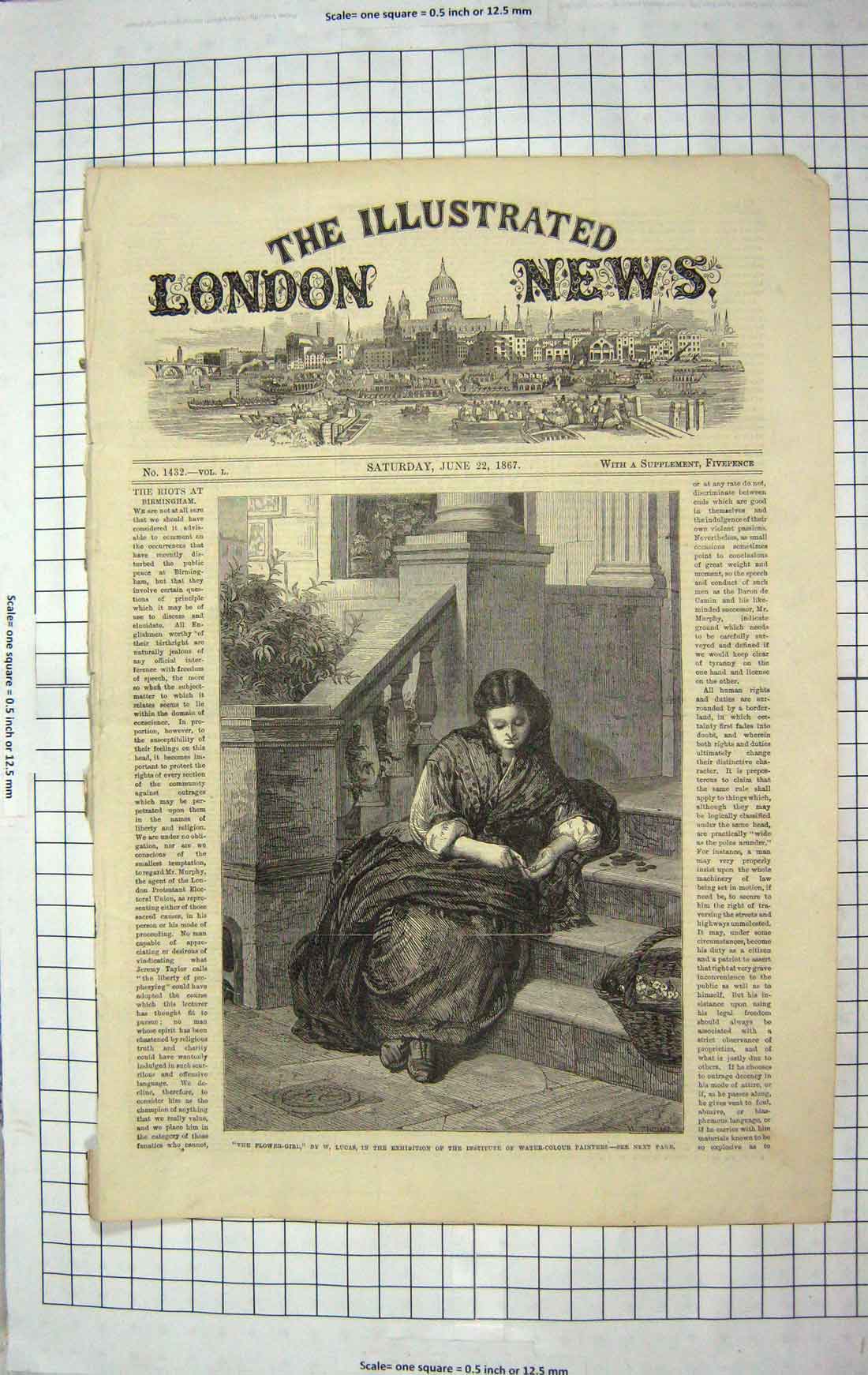 Original Old Antique Print 1867 Flower Girl Basket Seller Steps Lucas Fine Art