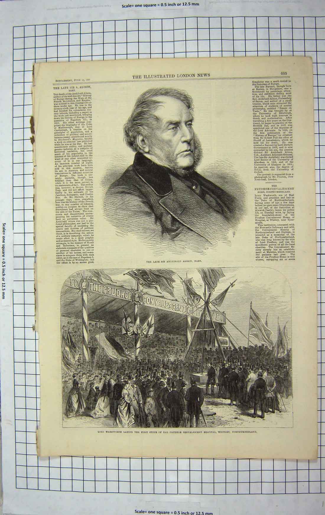 Old Antique Print 1867 Archibald Alison Lord Warkworth Prudhoe Hospital 19th